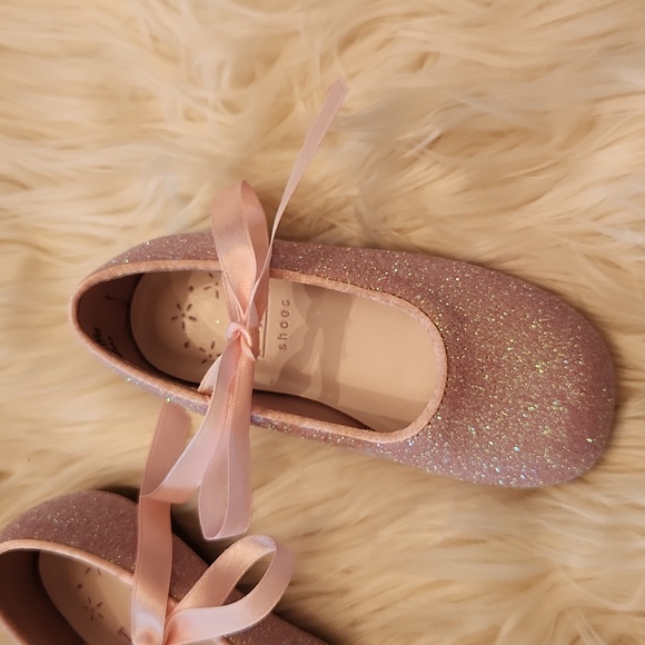 New Baby Pink Glitter Ribbon Ballet Flats - Picture 2 of 6
